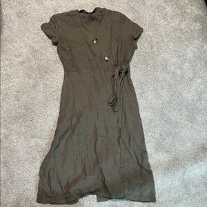 Vintage Italian Linen Wrap Dress XS, Alessia Pacini, Olive Green, Made in Italy